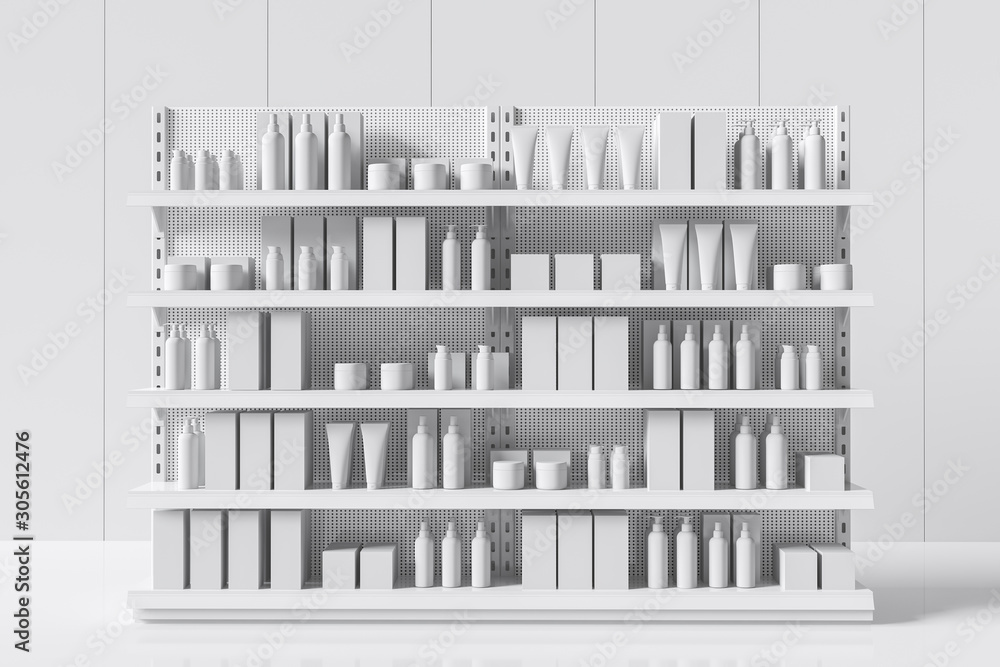 White supermarket shelf with bottles and boxes. Care products on a shelf in a store. 3d rendering White supermarket shelf with bottles and boxes. Care products on a shelf in a store. 3d rendering