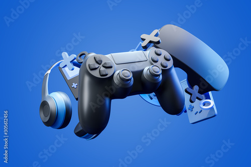 Black standard geypad, headphones and game console in the background on a blue background. 3d rendering.