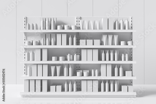Fototapete White supermarket shelf with bottles and boxes