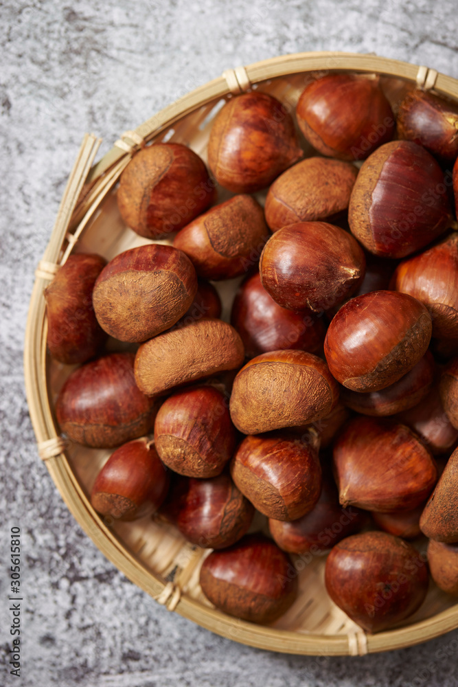 A lot of chestnuts in bamboo basket