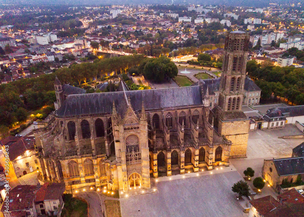 Aerial view of landmark of famous cathedral in Limoges cityilluminated at dusk