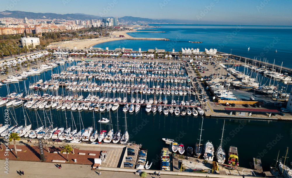 Aerial view of harbor of Barcelona