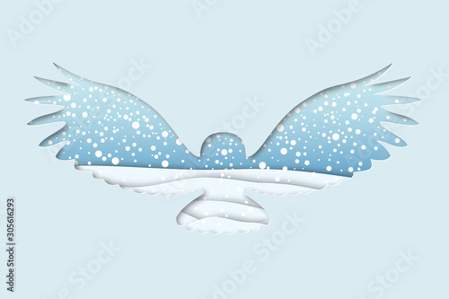 north arctic polar snowy owl in paper cut craft style with northern winter day landscape background, horizontal stock vector illustration clip art with copy space