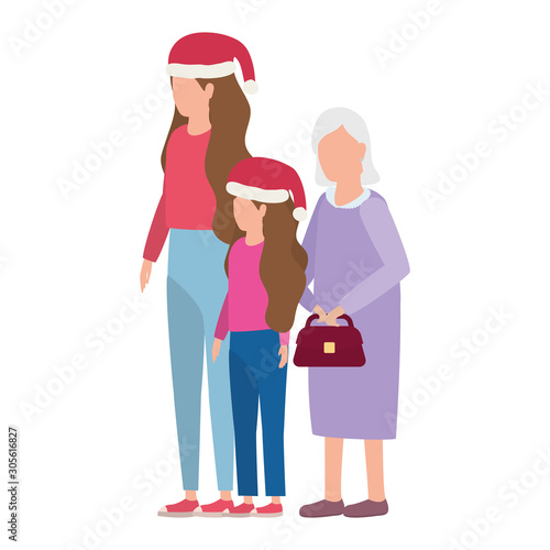 grandmother with daughter and grandaughter using christmas hat