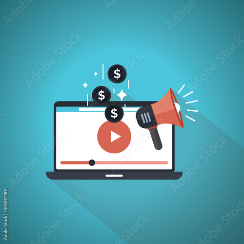 Video marketing icon concept. Making money from video with social network communication. Blue Theme Concept.