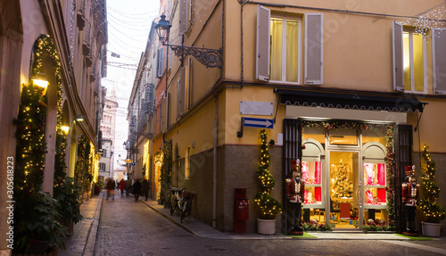  New Year's illuminated streets of Parma at evening, Italy