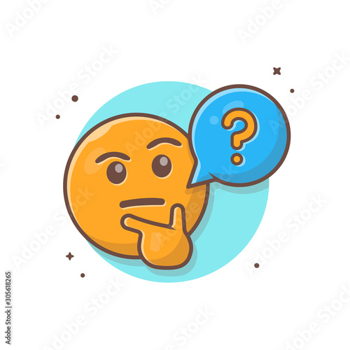 Thinking and Confusing Face Emoticon with Question Speech Bubble and Thumb Vector Illustration. Think Emoji. Flat Cartoon Style Suitable for Web Landing Page,  Banner, Flyer, Sticker, Card, Background