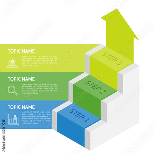 Vector stairs and Target infographic. Template for diagram, graph, presentation and chart. Business infographics startup concept with 3 options, parts, steps or processes. Abstract background.