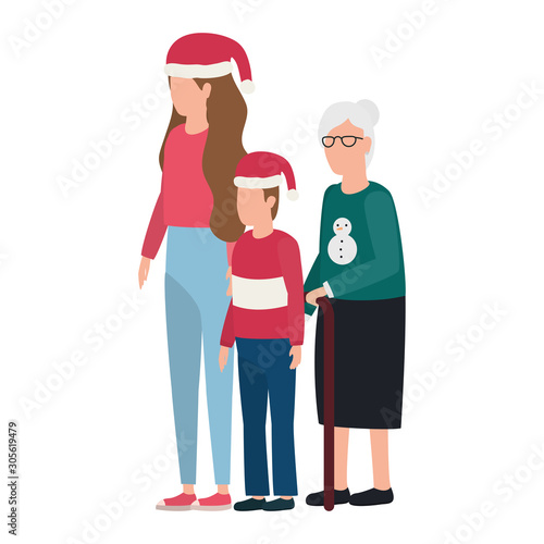 grandmother with daughter and grandson using christmas hat