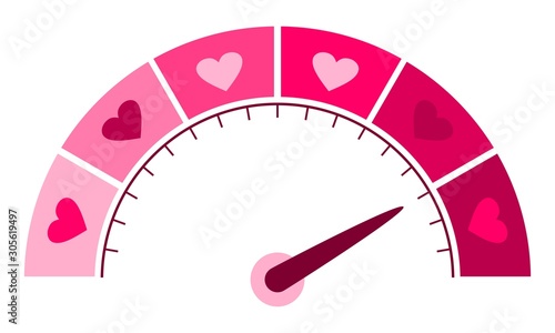 Color scale with arrow from pink to dark pink. The measuring device icon. Sign tachometer, speedometer, indicators. Illustration in flat style. Colorful infographic gauge element. Love meter