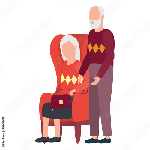 grandfather and grandmother seated in sofa avatars characters