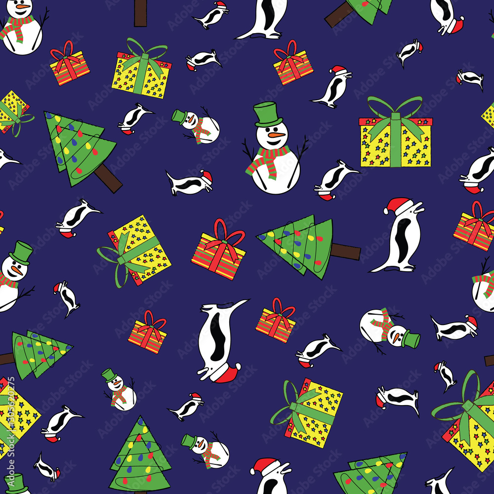 Cute vector seamless pattern background with snowmen , penguins with Santa hats and colorful presents. Cute vector seamless pattern background with snowmen , penguins with Santa hats and colorful presents.