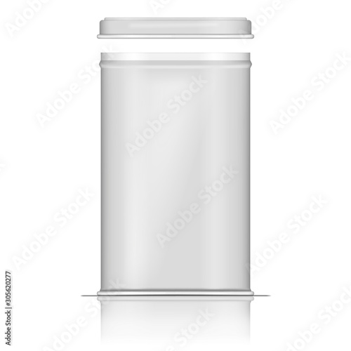 Open white tin box, realistic vector mockup. Square metal canister for tea, coffee, sugar and other food product storage, template