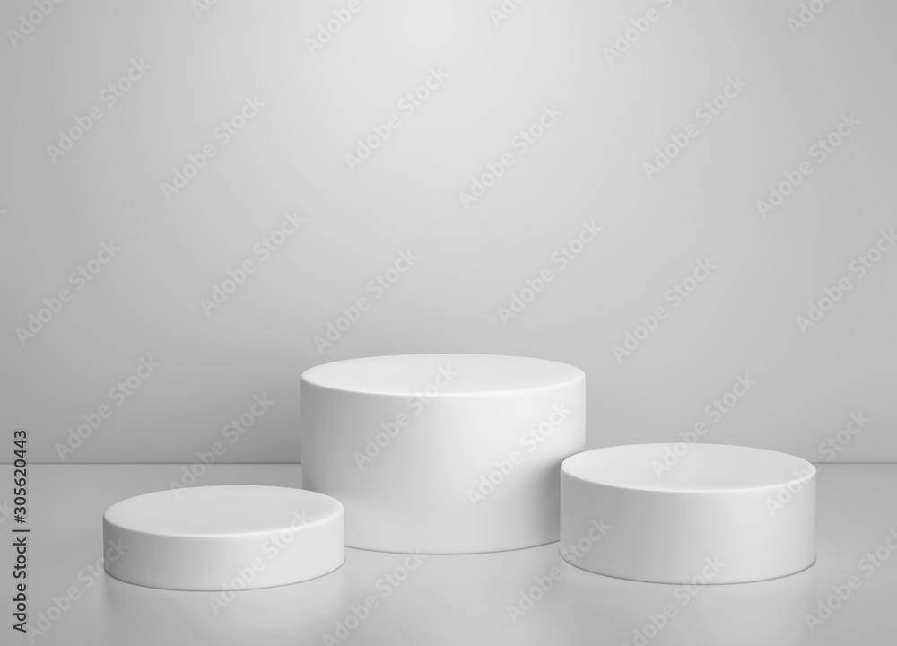 White cylinder podium, product display stand on gray background White cylinder podium, product display stand on gray background