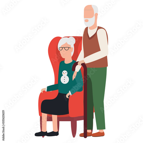 grandfather and grandmother seated in sofa avatars characters