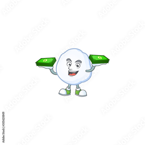 Confident smiley snowball character with money on hand