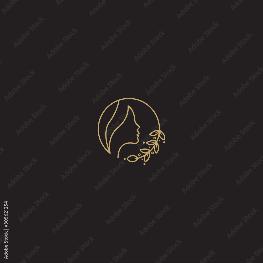 Fototapeta premium Luxury Gold Beauty Woman Face Logo with leaf nature Icon Design Template. Modern Vector Illustration