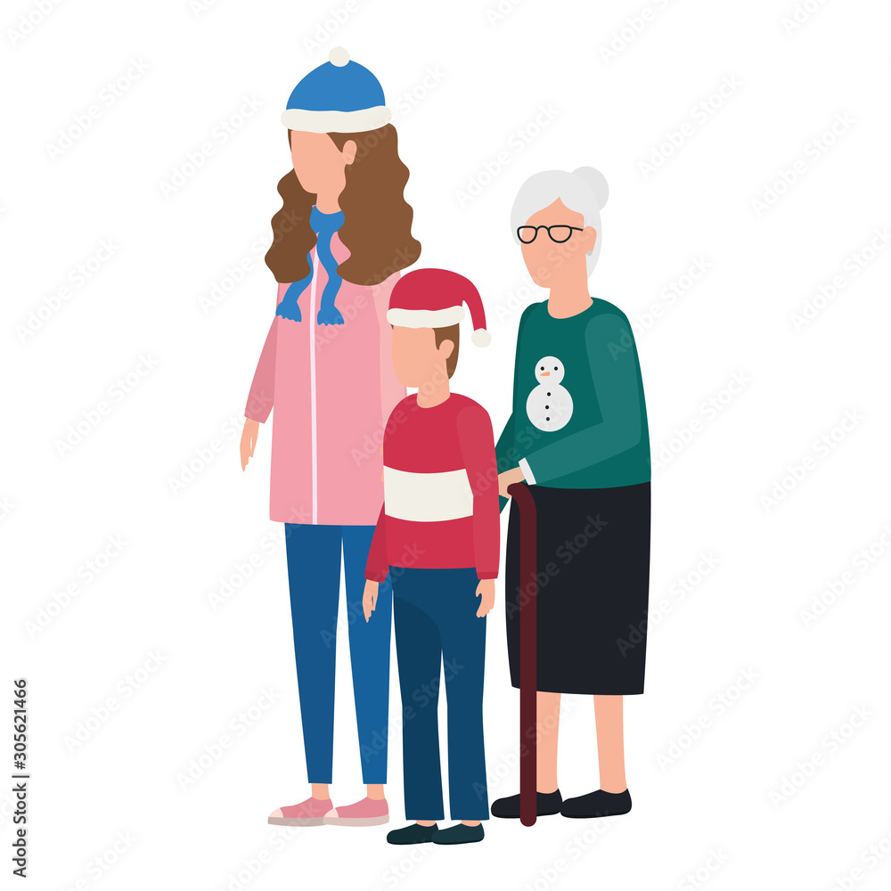 grandmother with daughter and grandson using christmas hat
