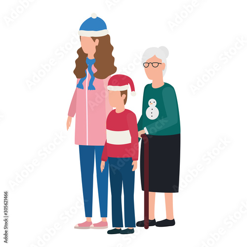 grandmother with daughter and grandson using christmas hat