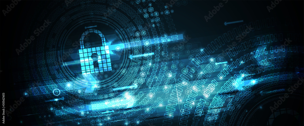 Fototapeta premium internet digital security technology concept for business background. Lock on circuit board