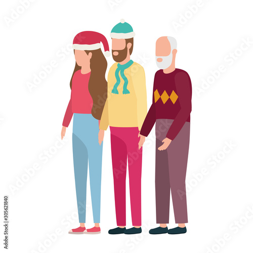 cute grandfather with young couple using christmas hat