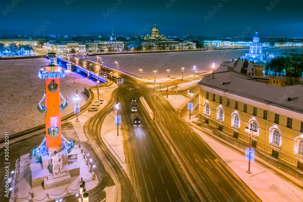 Saint Petersburg. Russia. Rostral columns. Spit of Vasilyevsky Island.  Palace bridge. Winter panorama. Snow in St. Petersburg. St. Isaac's  Cathedral. Christmas Russia. Vasilievsky island top view Stock-Foto | Adobe  Stock
