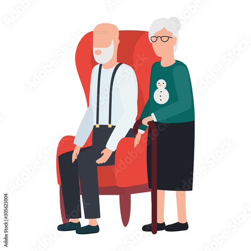 grandmother and grandfather seated in sofa avatars characters