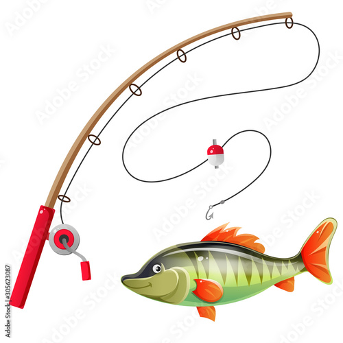 Color image of cartoon fishing rod with big fish on white background. Hobby and fishery. Vector illustration.