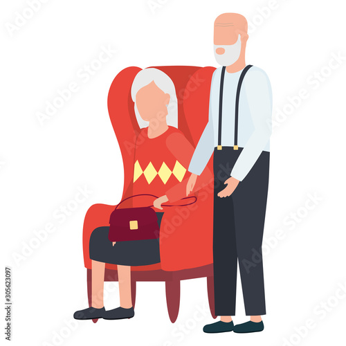 grandfather and grandmother seated in sofa avatars characters