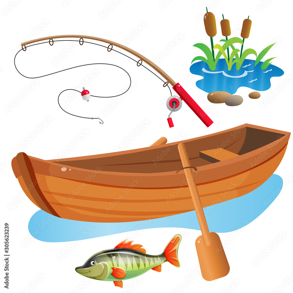 Color images of cartoon boat with paddles, fishing rod and big fish on  white background. Hobby and fishery. Vector illustration set. Stock Vector