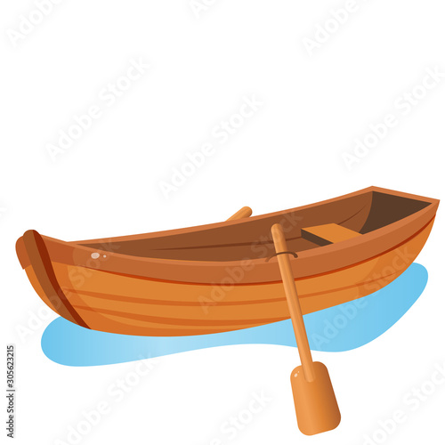 Color image of cartoon boat with paddles on white background. Hobby and fishery. Vector illustration.