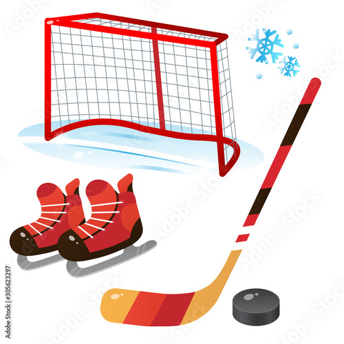 Hockey set. Color images of cartoon skates with stick and puck on white background. Sports equipment. Vector illustration.