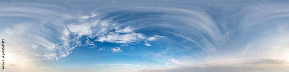blue sky with clouds with morning sun. Seamless hdri panorama 360 degrees angle view with zenith for use in 3d graphics or game development as sky dome or edit drone shot