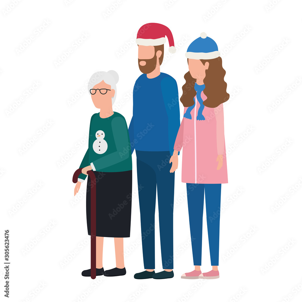 cute grandmother with young couple using christmas hat