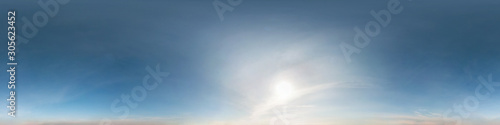 blue sky with clouds with morning sun. Seamless hdri panorama 360 degrees angle view with zenith for use in 3d graphics or game development as sky dome or edit drone shot