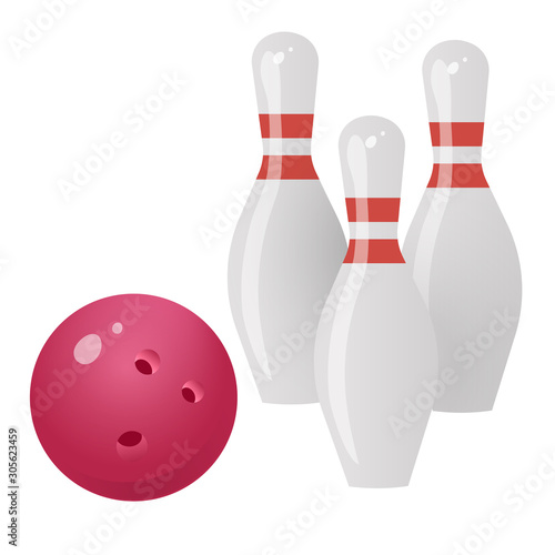 Color images of skittles and bowl on white background. Sports equipment. Bowling. Vector illustration..