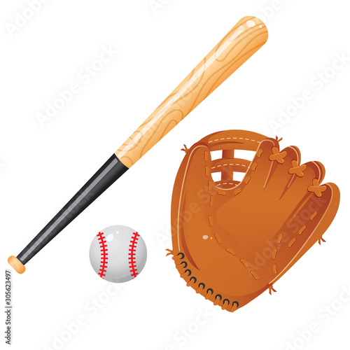 Color images of baseball bat, of ball and of catcher's mitt or glove on white background. Sports equipment. Vector illustration set.