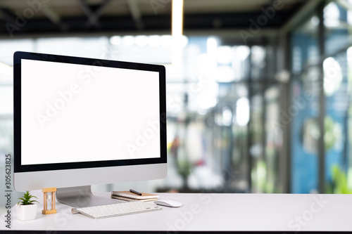 laptop monitor digital pc desk Mockup Blank screen computer desktop with keyboard in cafe & restaurant photo