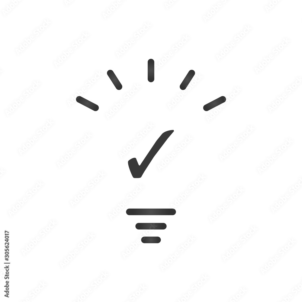 Fototapeta premium Idea concept. Light bulb and check mark. Stock Vector illustration isolated on white background.
