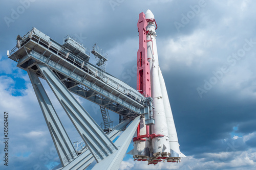 Installation for launching rockets. Concept - Space programa Russia. Spaceship is installed on the platform. Platform for launching spaceships. Space exploration. Rocket on the background of the sky
