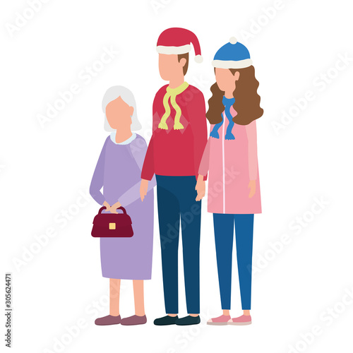 cute grandmother with young couple using christmas hat