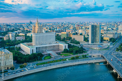 Moscow. Russia. Government Buildings. Parliament aerial view. Government House in Moscow. Panorama of the Moscow sky. Roads of Russia. Russian architecture. Capitals with a drone. Vacation in Russia