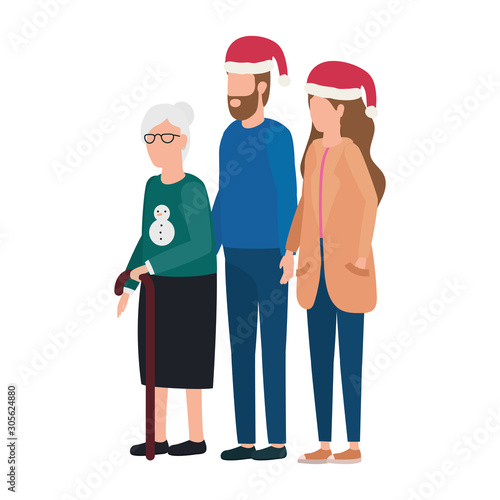 cute grandmother with young couple using christmas hat