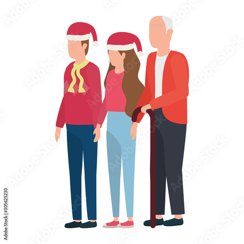 cute grandfather with young couple using christmas hat
