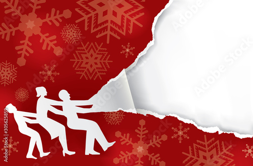   Family tearing Christmas wrapping paper, banner template. Paper family silhouette and red christmas torn paper. Place for your text or image. Vector available.