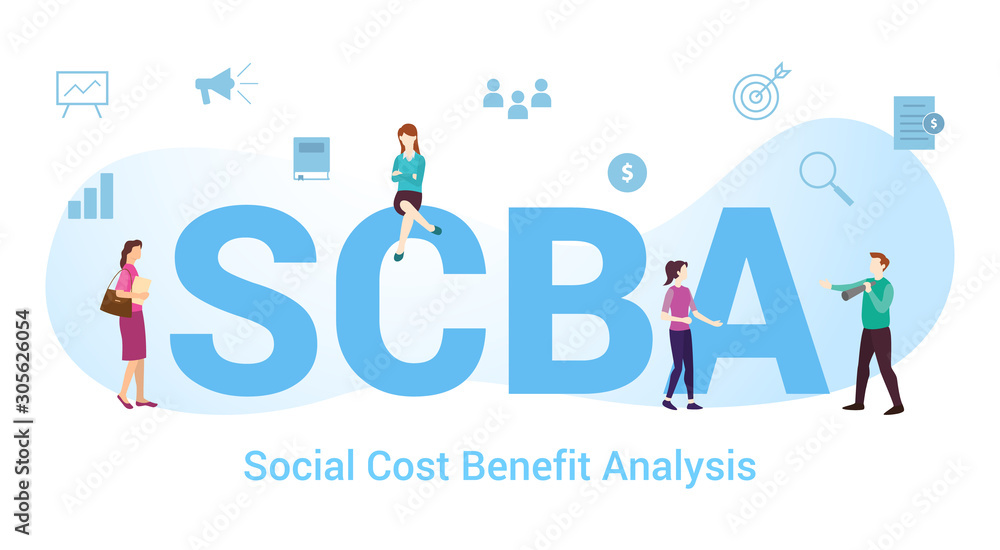 scba social cost benefit analysis concept with big word or text and team people with modern flat style - vector scba social cost benefit analysis concept with big word or text and team people with modern flat style - vector
