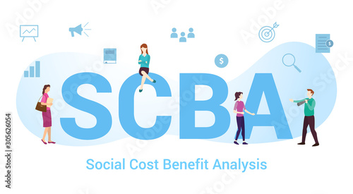 scba social cost benefit analysis concept with big word or text and team people with modern flat style - vector