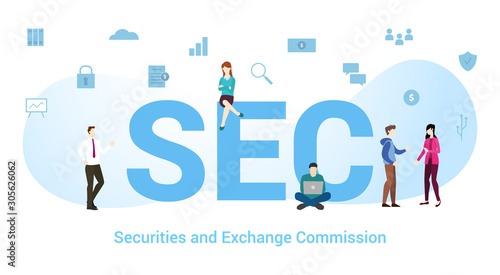 sec securities and exchange commission concept with big word or text and team people with modern flat style - vector
