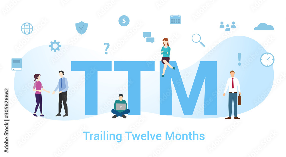 ttm trailing twelve month concept with big word or text and team people with modern flat style - vector