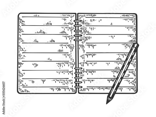 Notepad and pencil sketch engraving vector illustration. Scratch board style imitation. Hand drawn image.